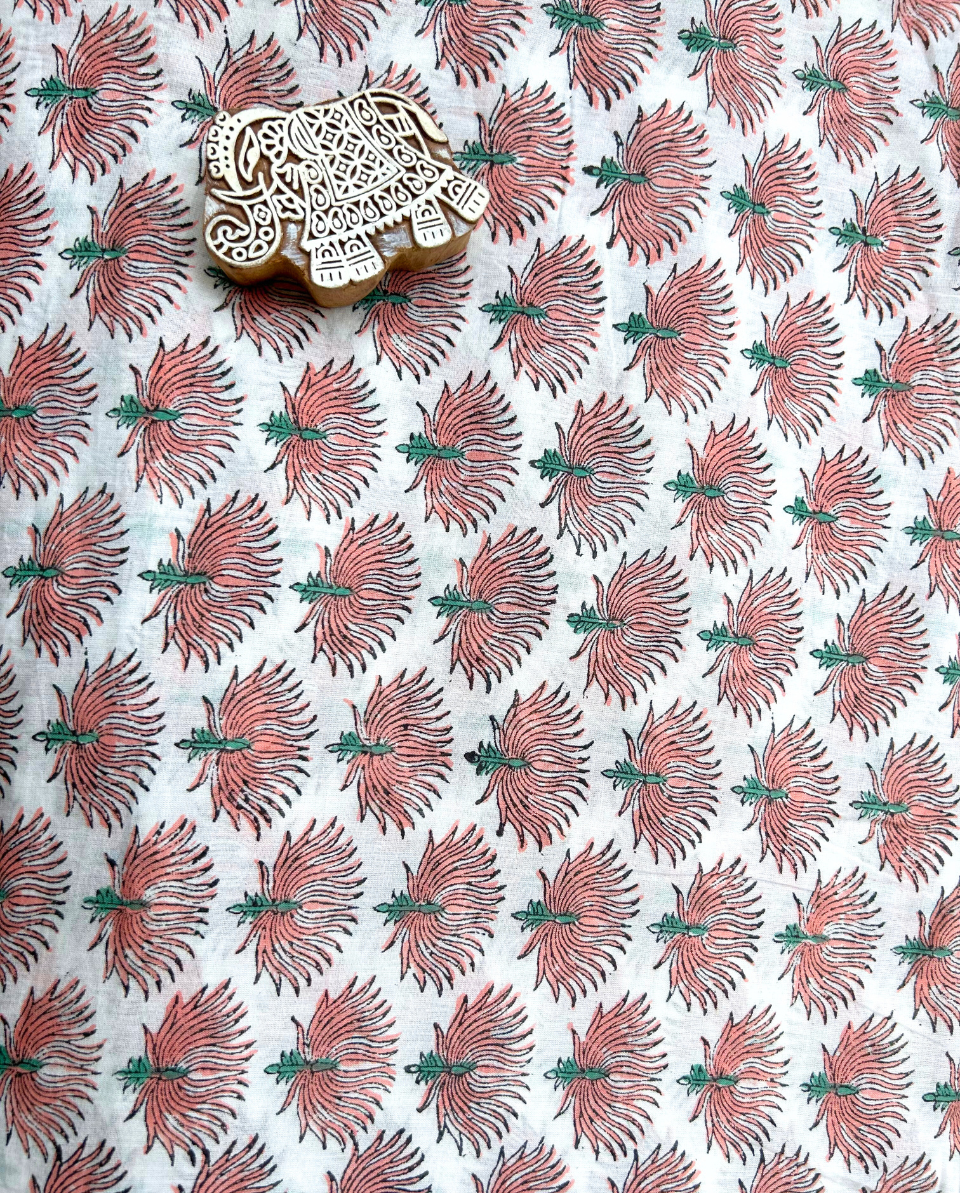 White & Peach Block Print Cotton Fabric         (Rs.500/meter)