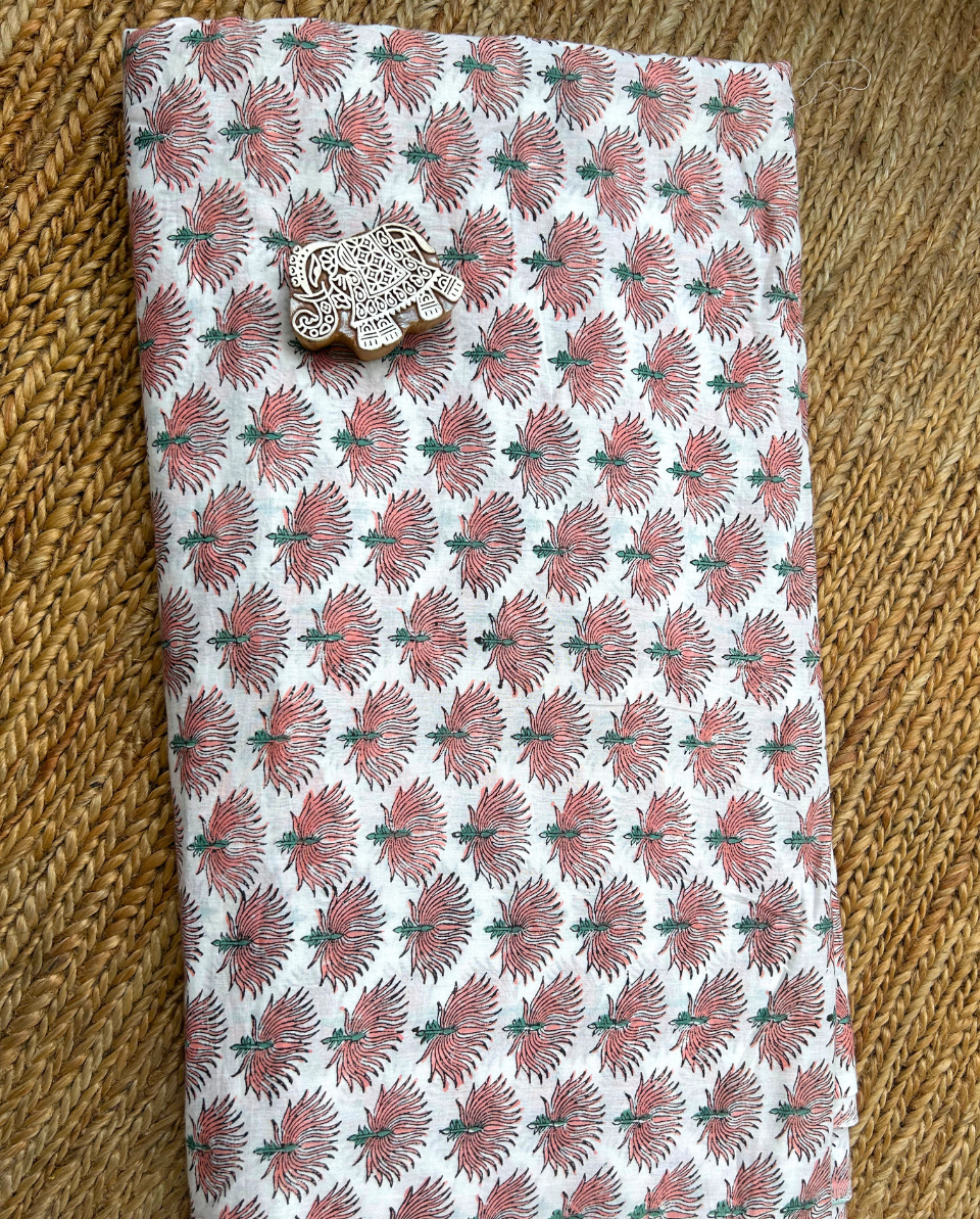 White & Peach Block Print Cotton Fabric         (Rs.500/meter)