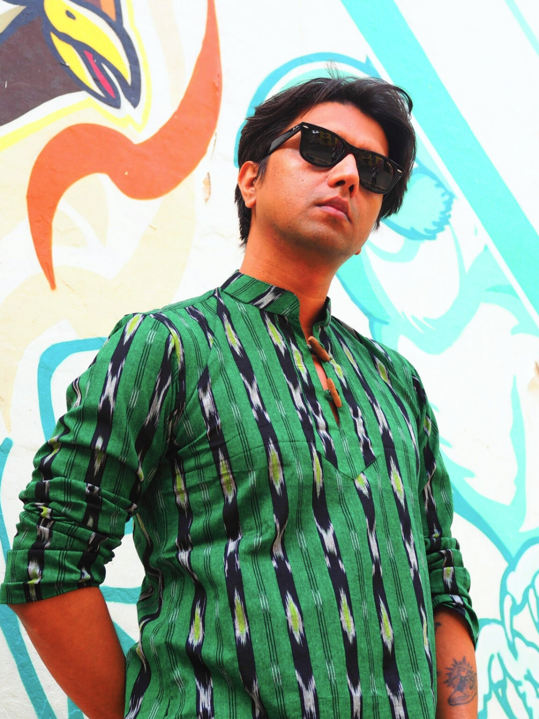 Black Stripes Ikkat Print Green Cotton Short Kurta