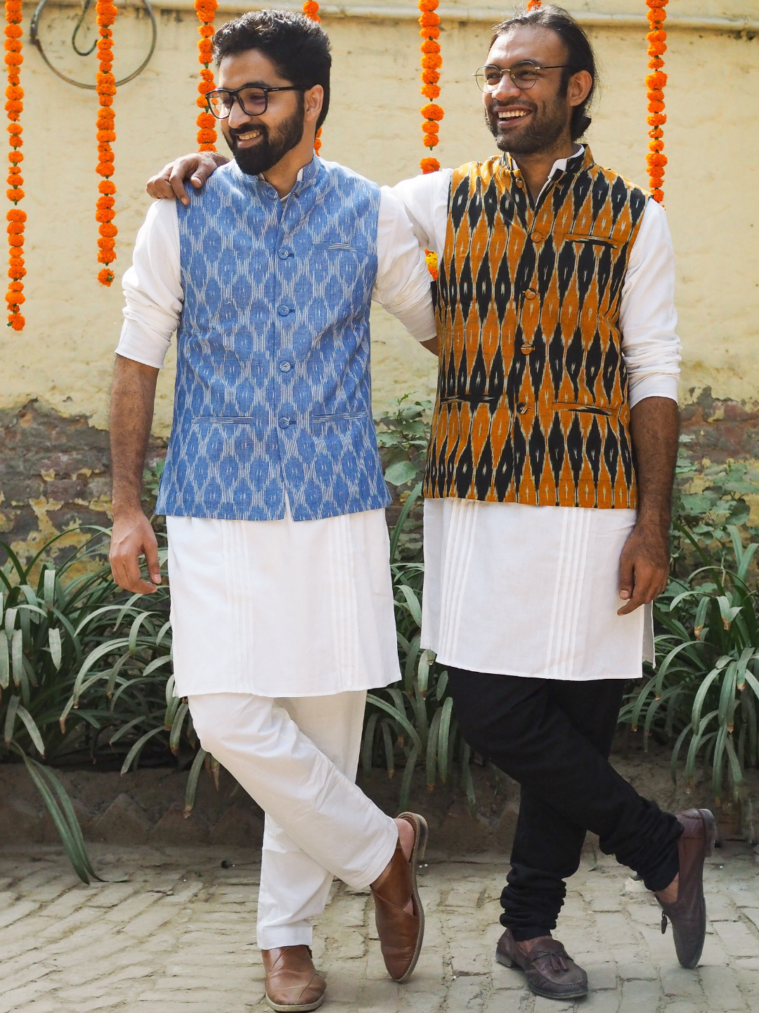 Mustard & Black Ikkat Handwoven Cotton Nehru Jacket