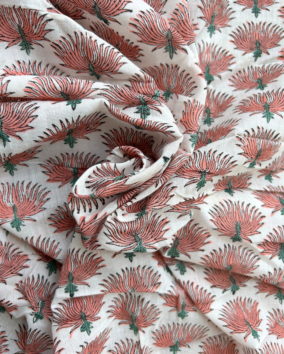 White & Peach Block Print Cotton Fabric         (Rs.500/meter)