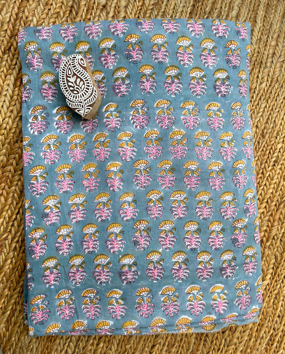 Grey & Pink Block Print Cotton Fabric         (Rs.450/meter)