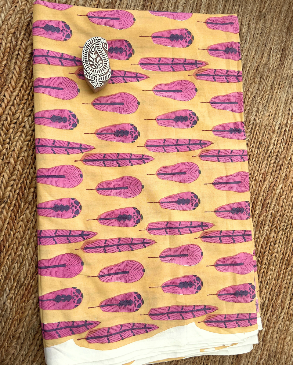 Pink Feather Block Print Cotton Fabric         (Rs.500/meter)