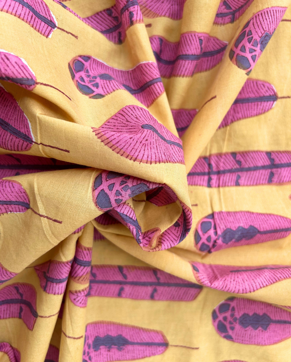 Pink Feather Block Print Cotton Fabric         (Rs.500/meter)