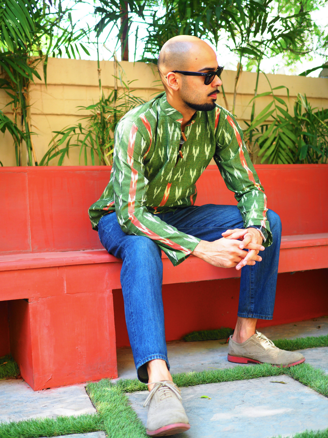 Green and Rust Ikkat Cotton Short Kurta