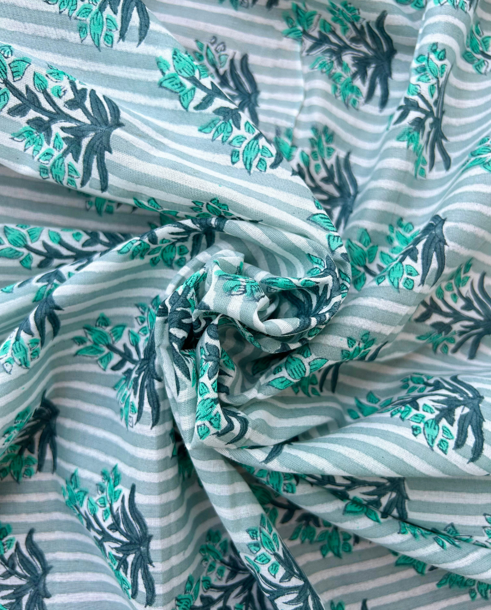 Grey Striped Block Print Cotton Fabric         (Rs.450/meter)