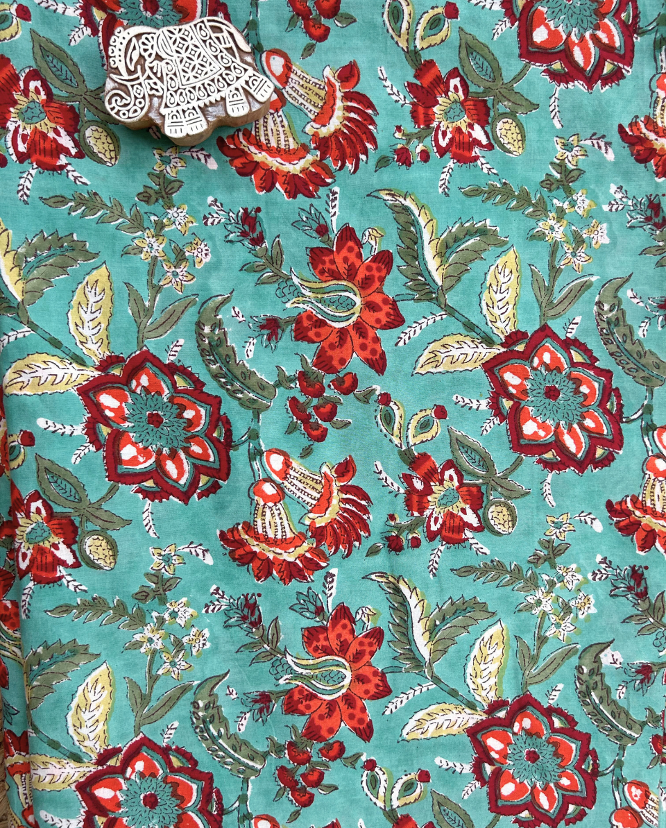 Green Floral Block Print Cotton Fabric         (Rs.450/meter)