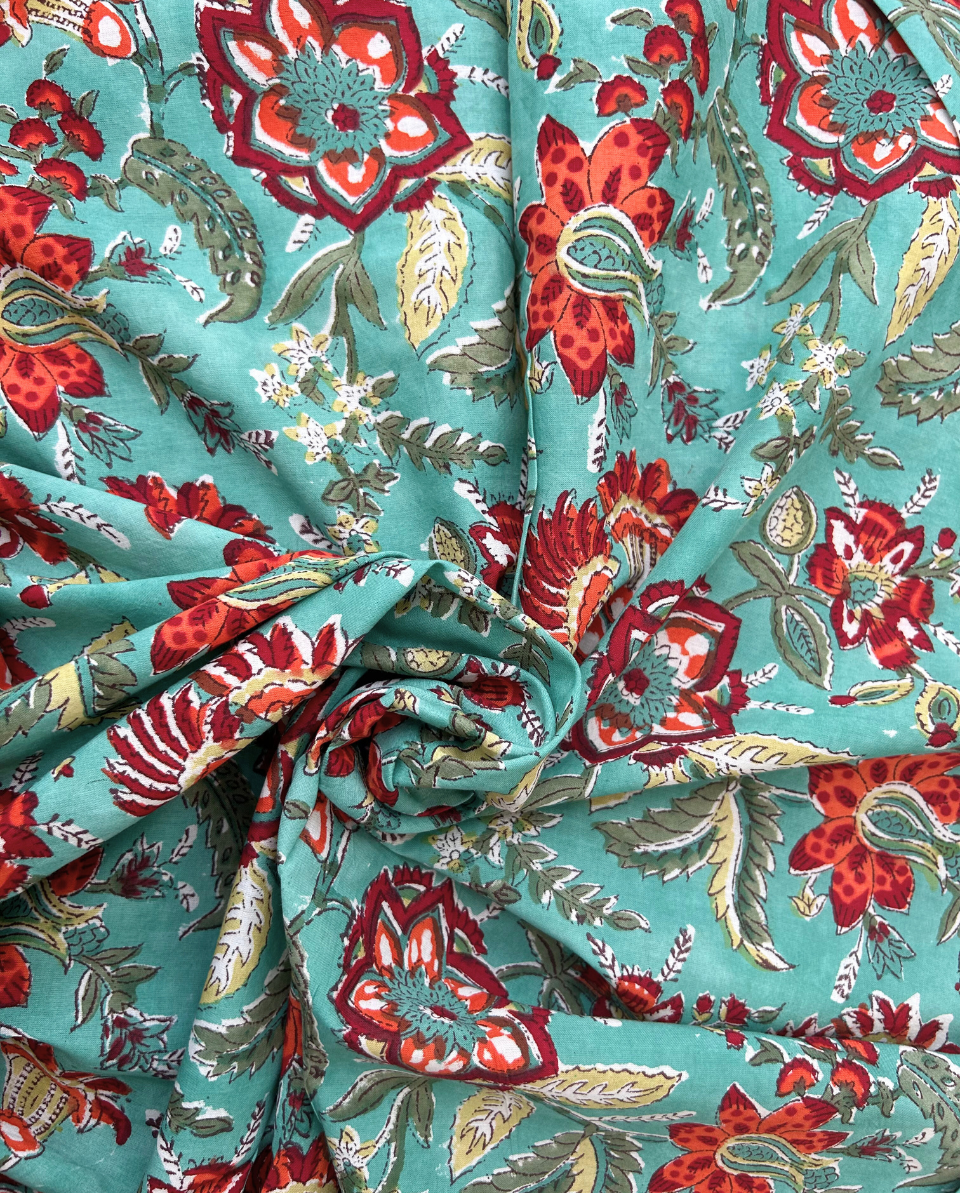Green Floral Block Print Cotton Fabric         (Rs.450/meter)