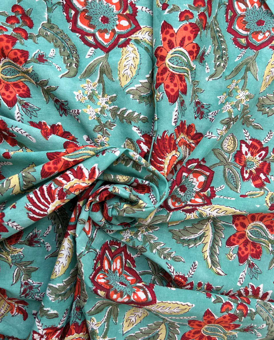 Green Floral Block Print Cotton Fabric         (Rs.450/meter)