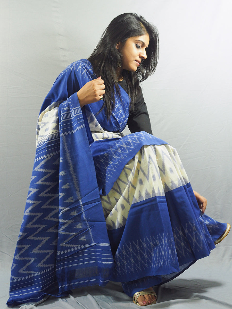 Nizami Blue and White Ikkat Saree