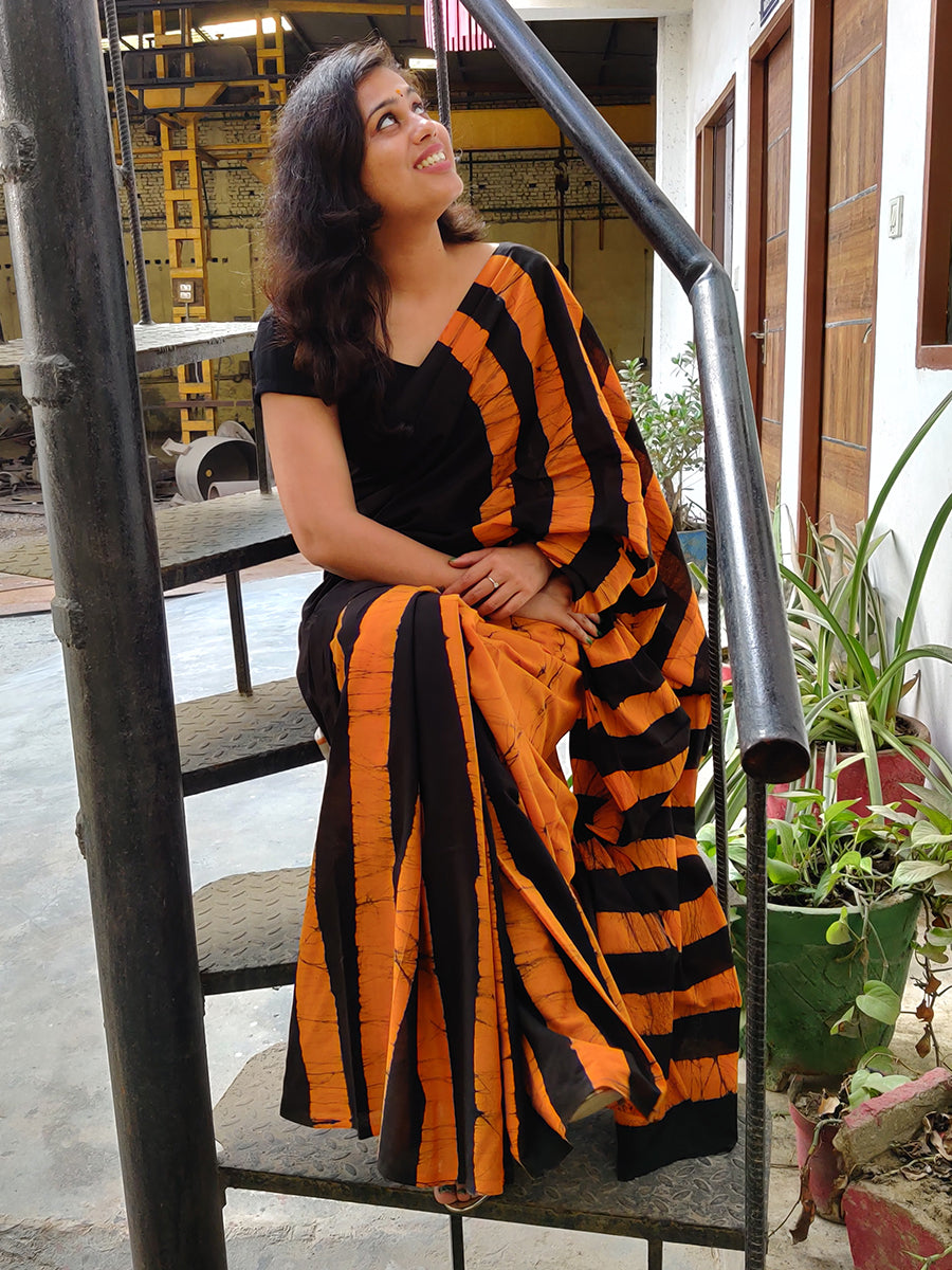 Black And Mustard Bold Stripes Mul Cotton Saree