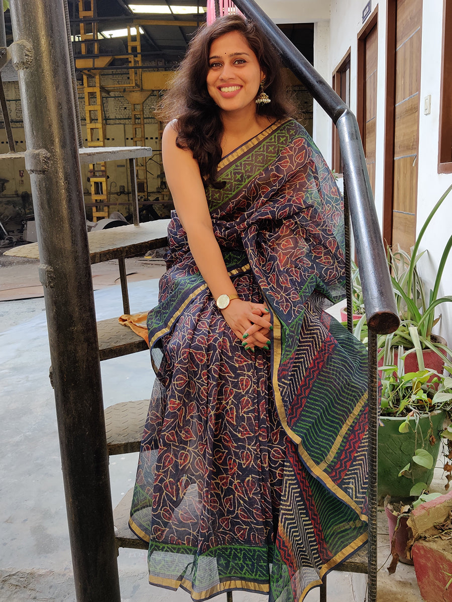 Peepal Tree Leaf Print Blue Kota Saree