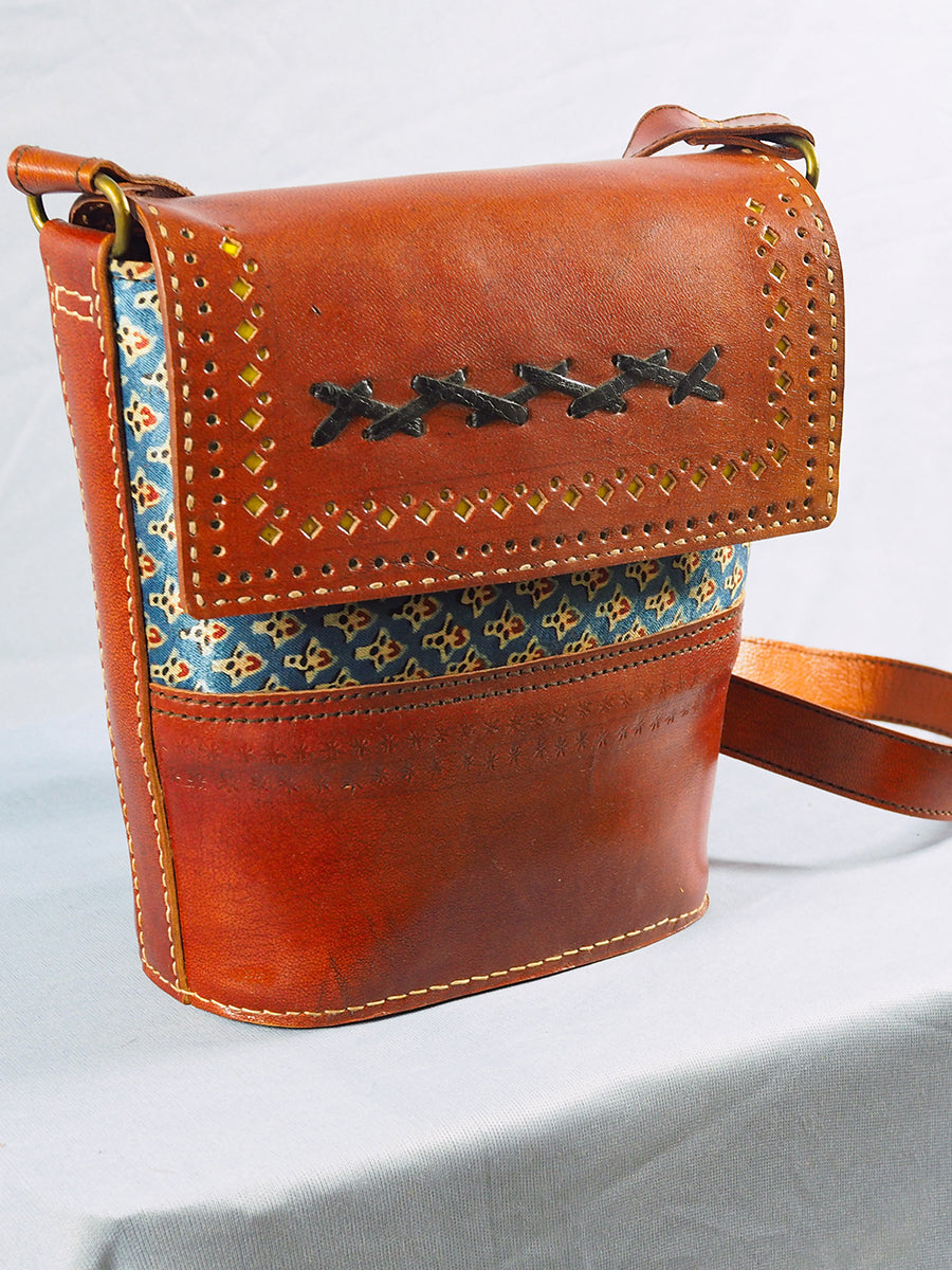 Brown Ajrakh Print Leather Sling Bag
