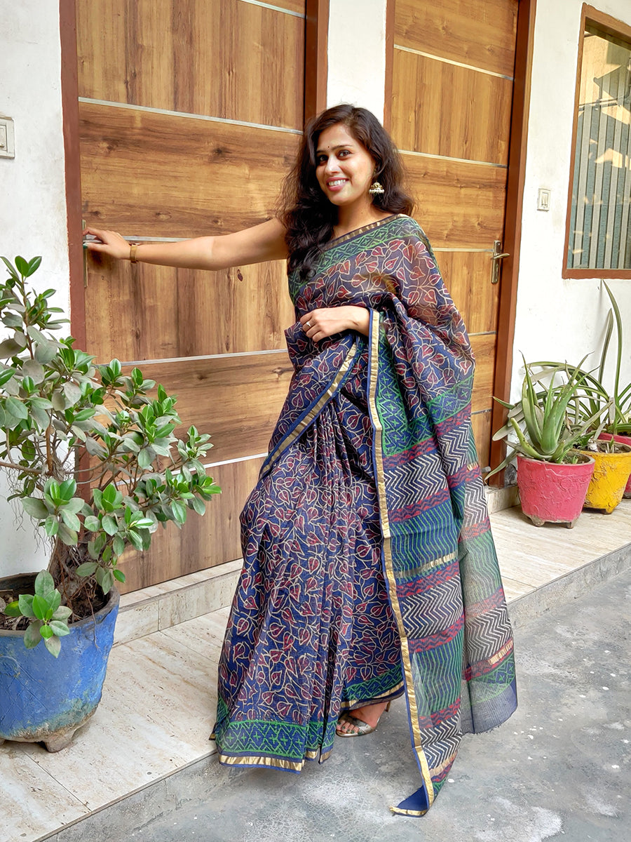 Peepal Tree Leaf Print Blue Kota Saree