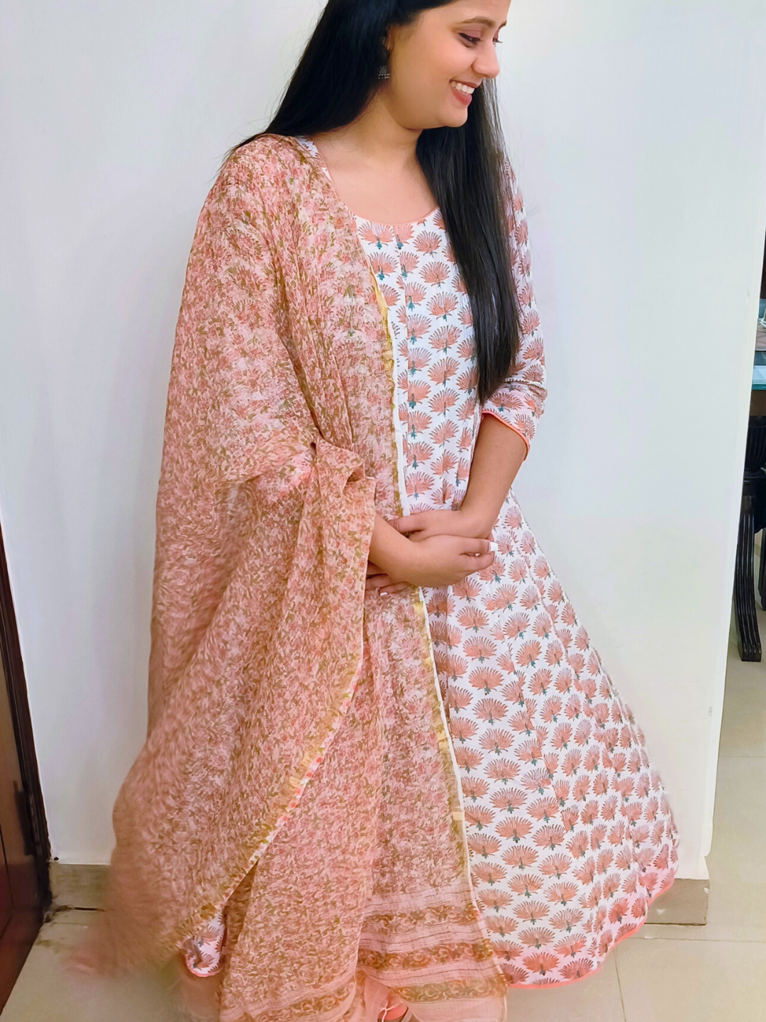 Peach Floral Kota Doria Dupatta Women
