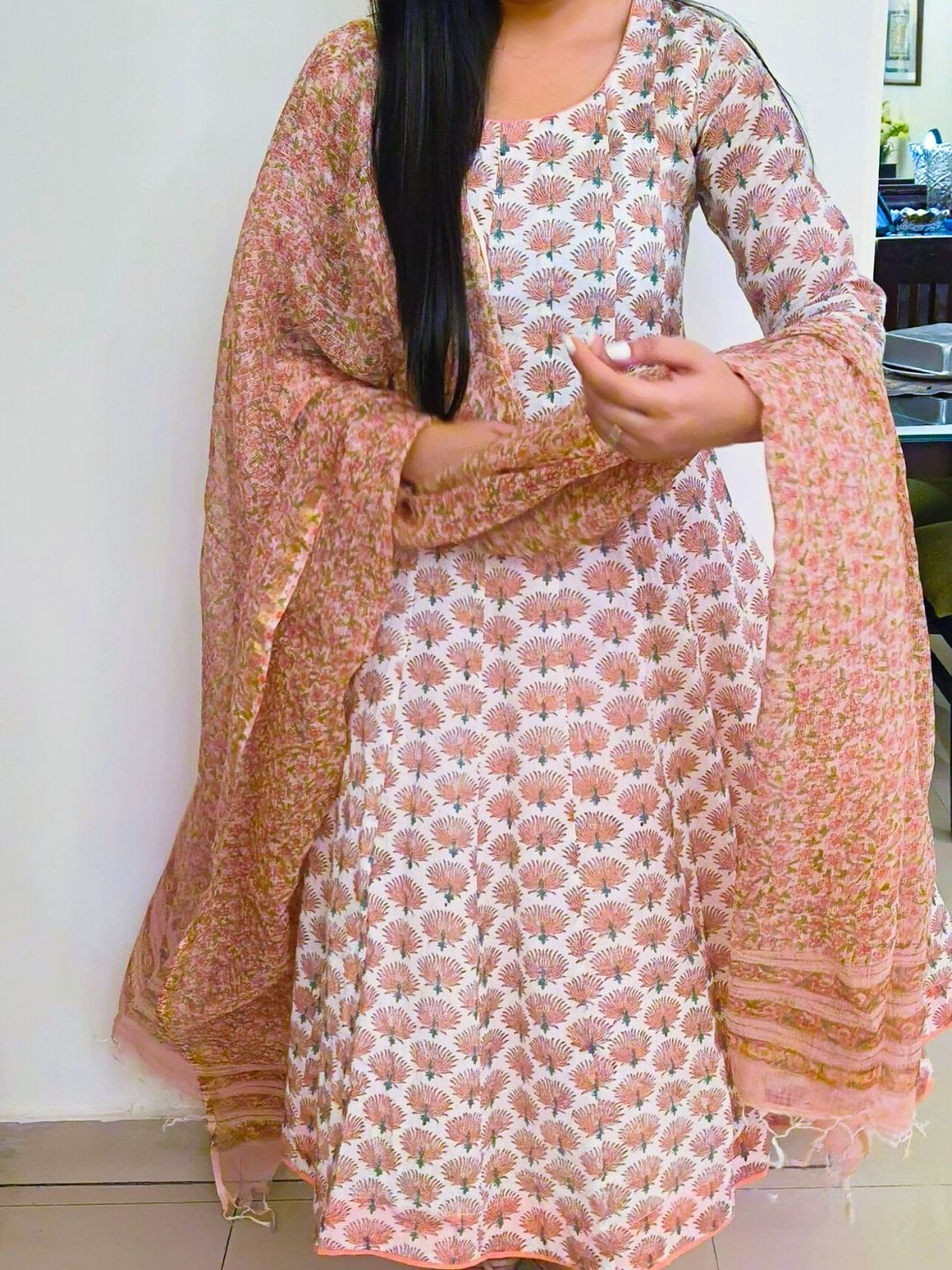 Peach Floral Kota Doria Dupatta Women