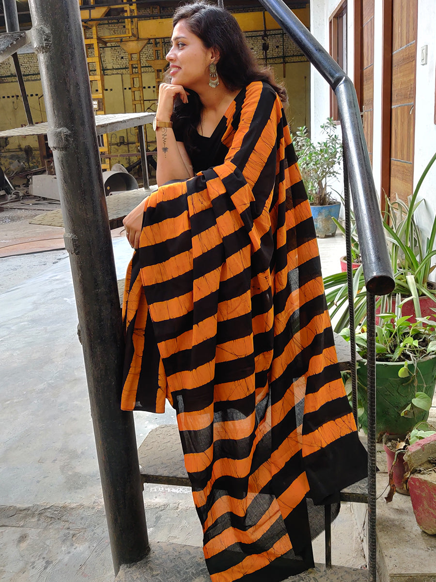 Black And Mustard Bold Stripes Mul Cotton Saree