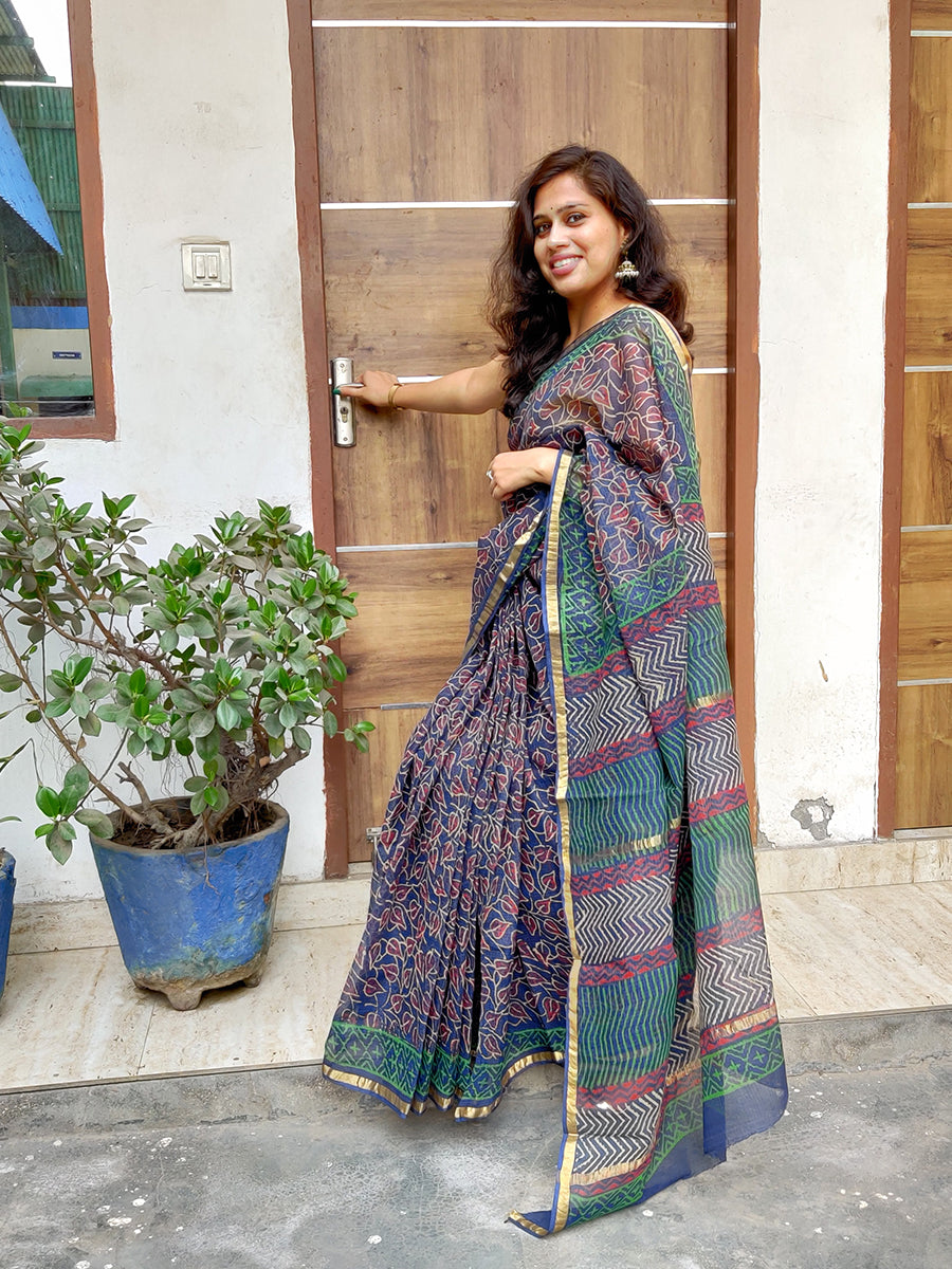 Peepal Tree Leaf Print Blue Kota Saree