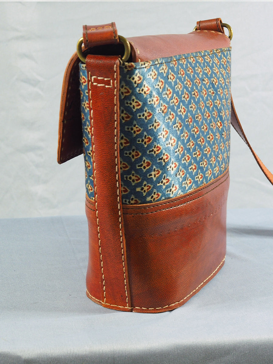 Brown Ajrakh Print Leather Sling Bag