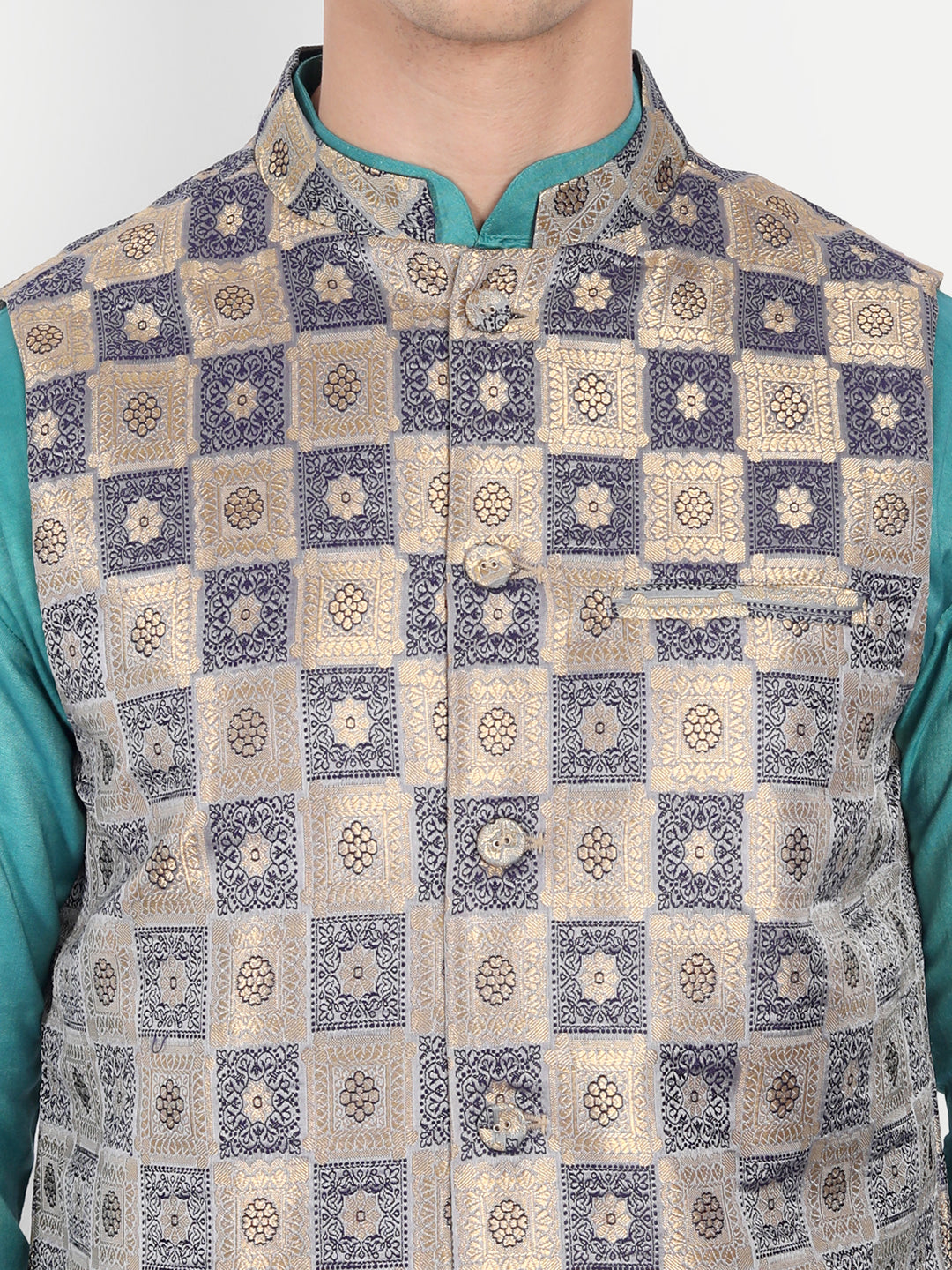 Blue & Golden Brocade Nehru Jacket