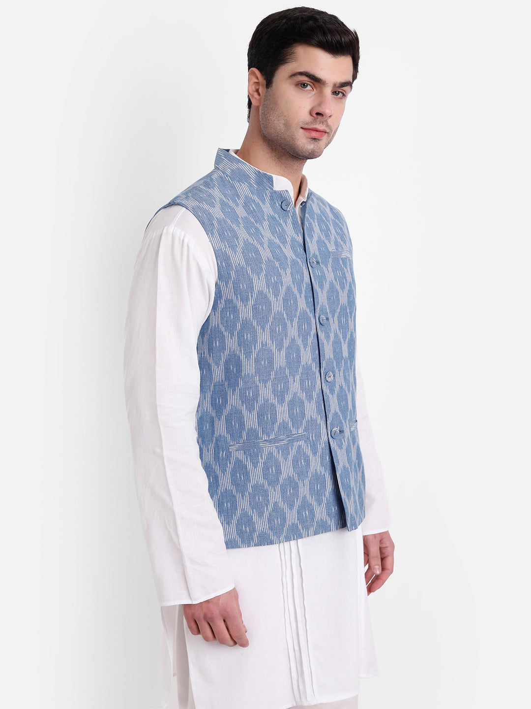 Blue Ikkat Handwoven Cotton Nehru jacket