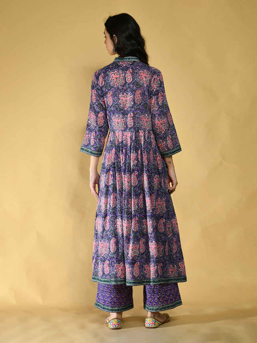 Embroidered Purple Floral Angrakha Cotton Kurta Set Women