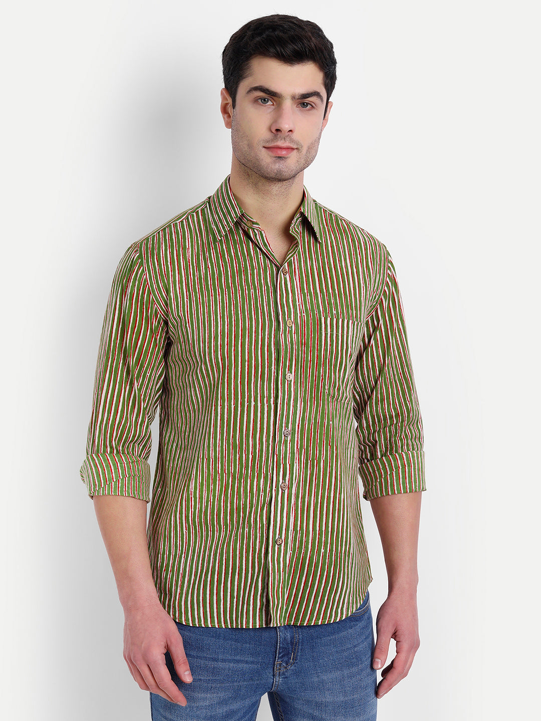 Green Stripes Bagru Print Cotton Shirt