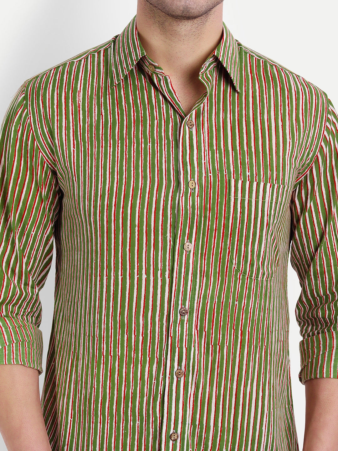 Green Stripes Bagru Print Cotton Shirt