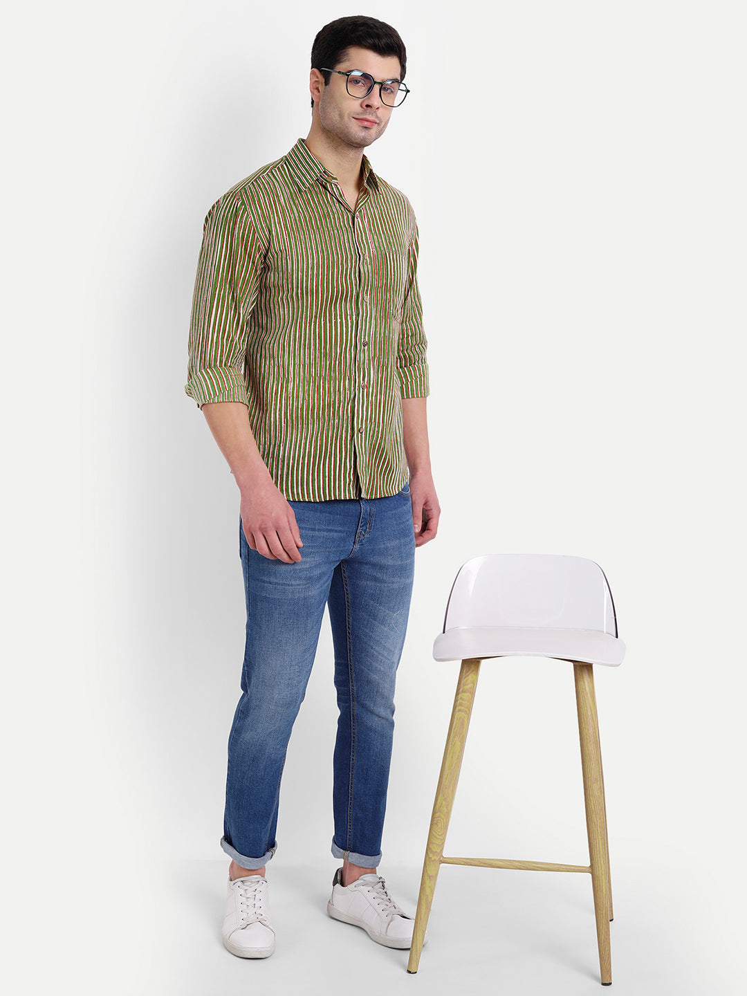 Green Stripes Bagru Print Cotton Shirt