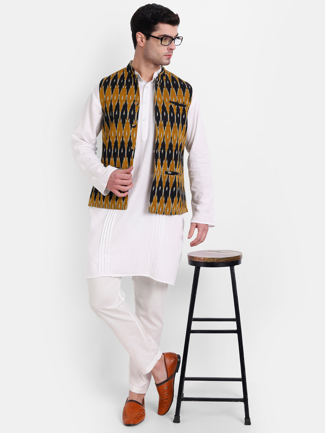 Mustard & Black Ikkat Handwoven Cotton Nehru Jacket