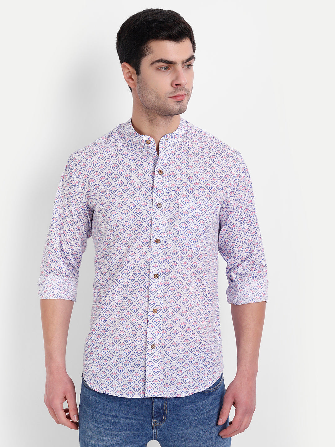 Pink Lilac Bagru Print White Cotton Shirt