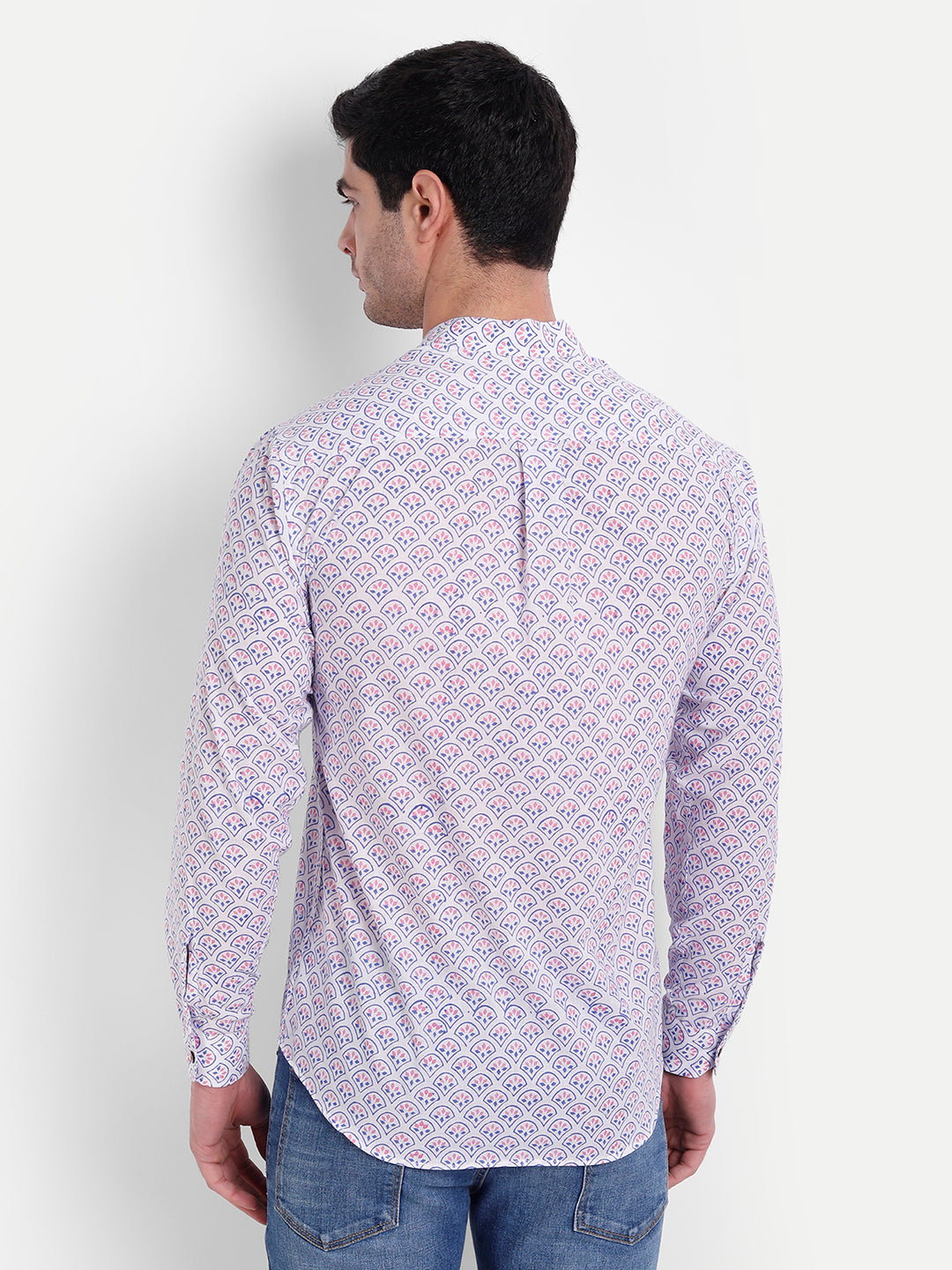 Pink Lilac Bagru Print White Cotton Shirt