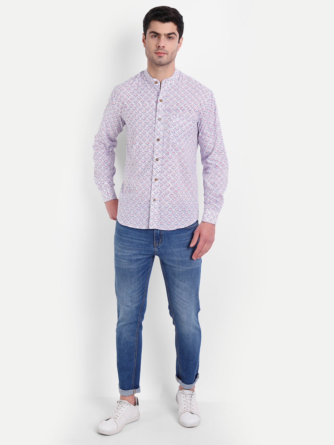 Pink Lilac Bagru Print White Cotton Shirt