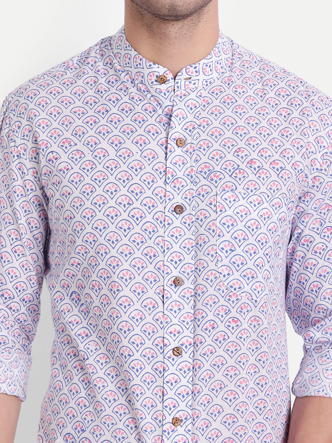 Pink Lilac Bagru Print White Cotton Shirt