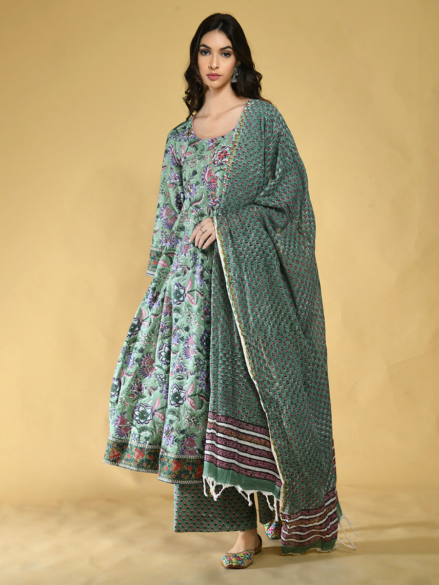 Embroidered Green Anarkali Suit Set Women