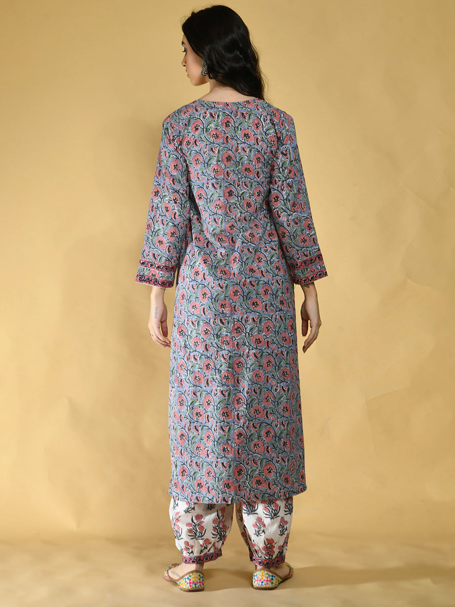 Embroidered Grey Pleated Suit Set Women