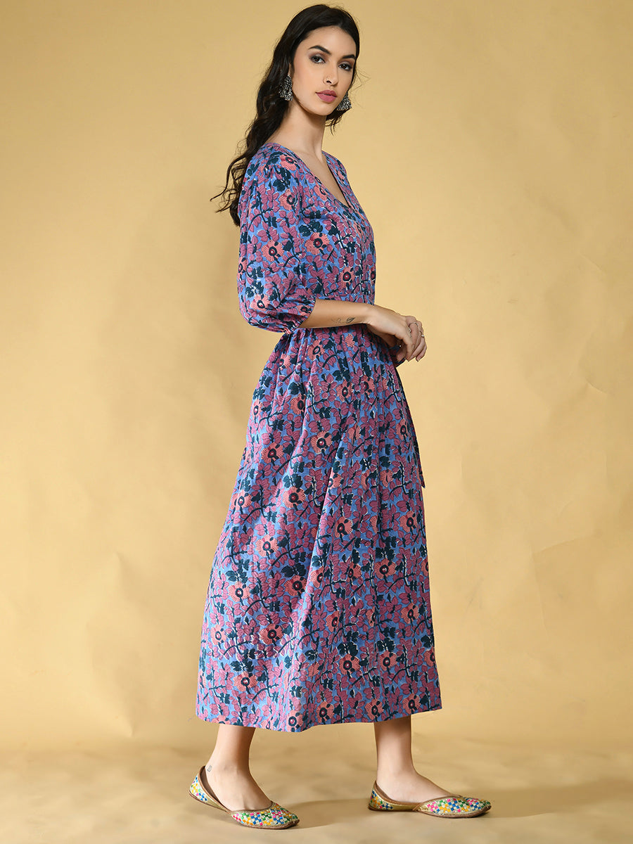 Blue and Peach Floral Wrap Around Dress Women