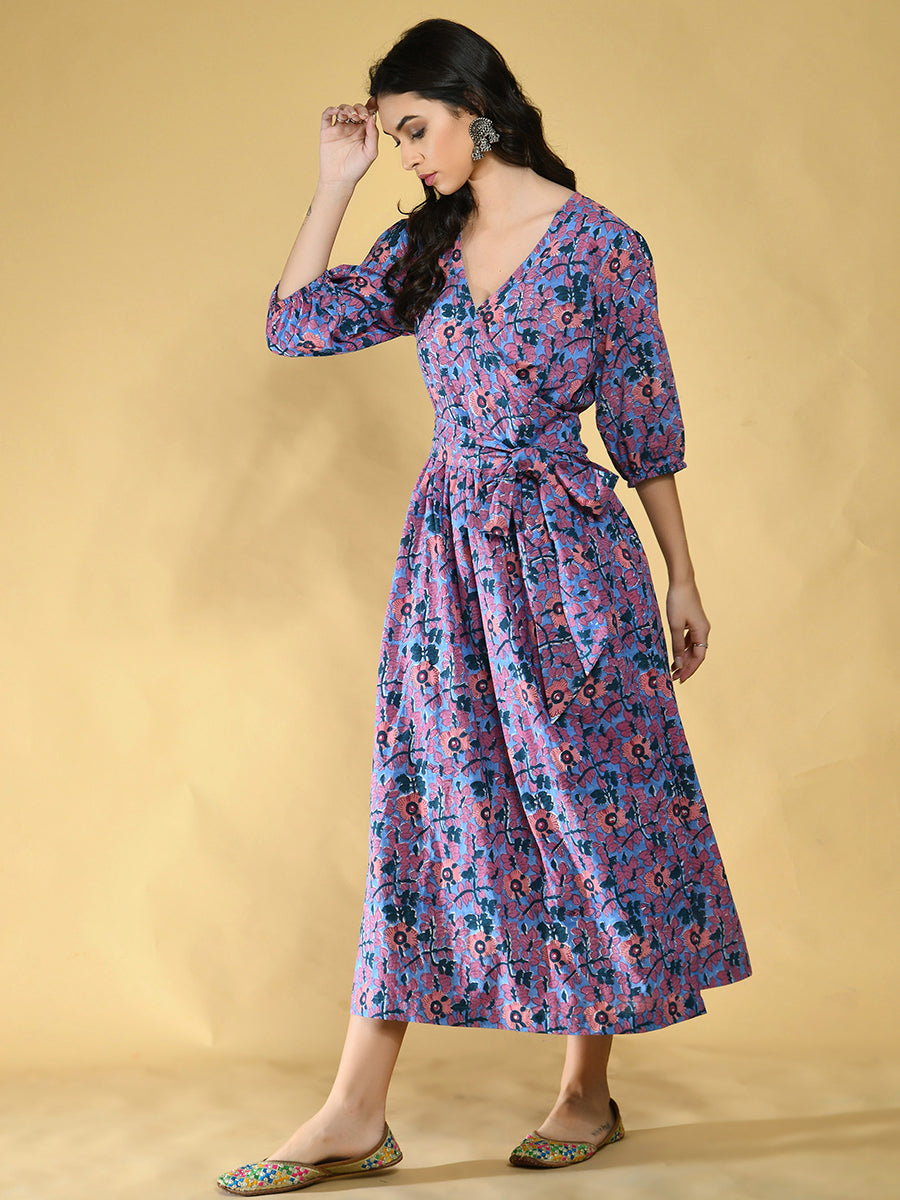 Blue and Peach Floral Wrap Around Dress Women
