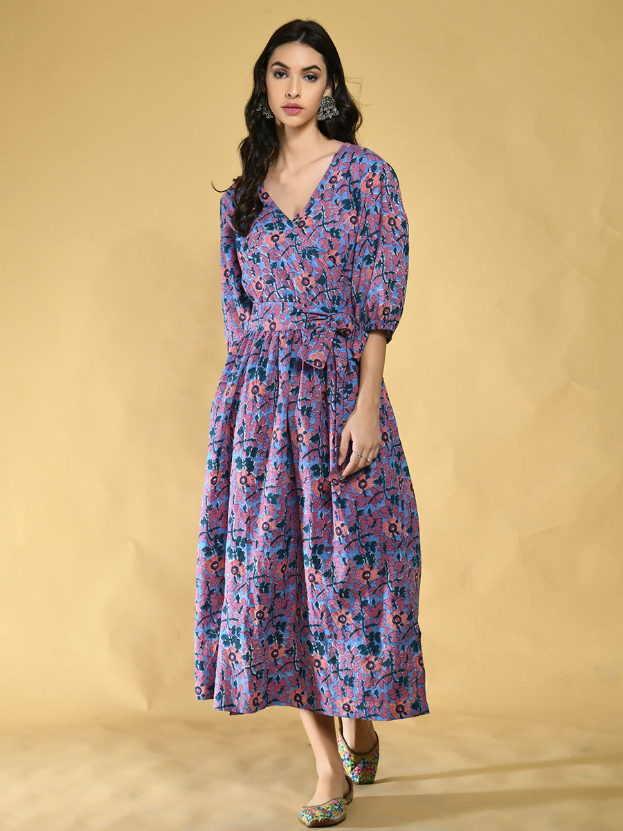 Blue and Peach Floral Wrap Around Dress Women