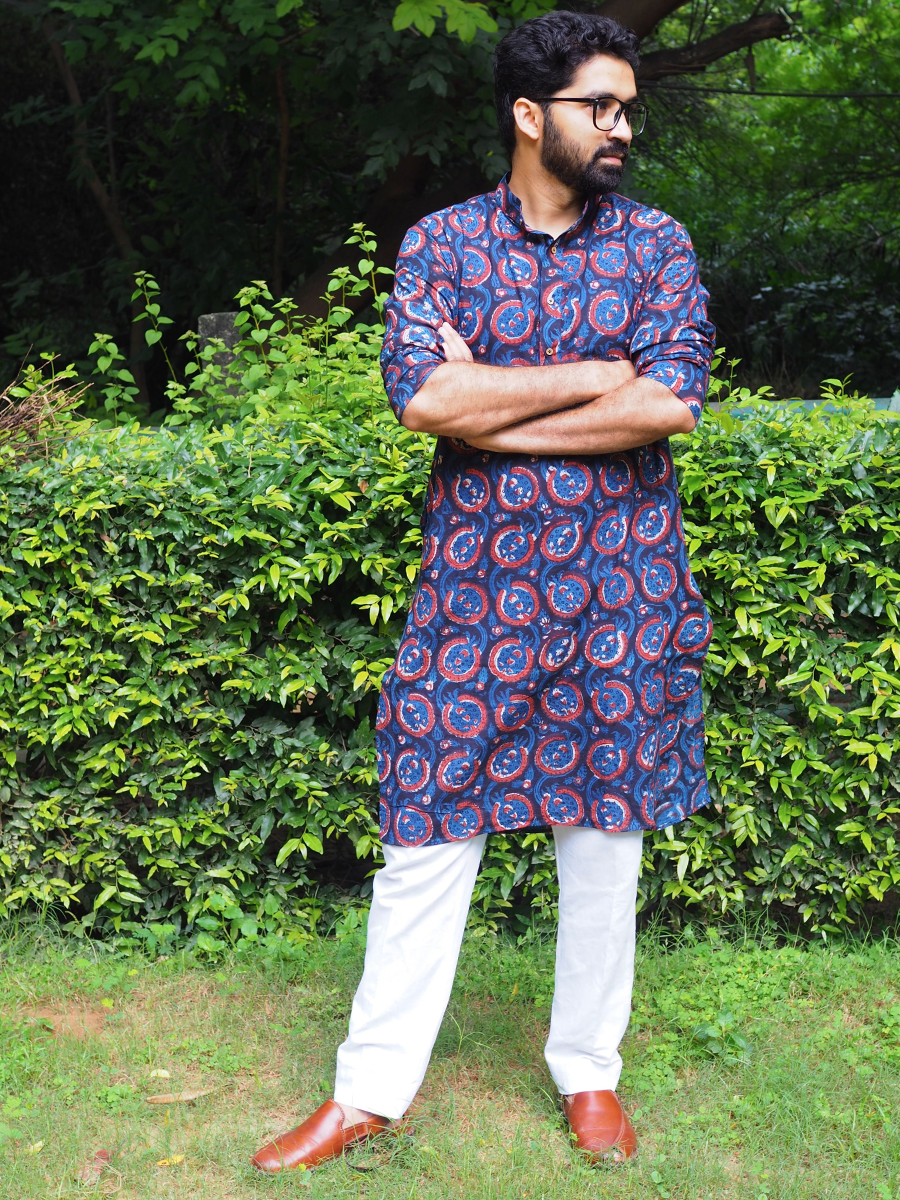 Blue Pineapple Print Woods Collection Ajrakh Cotton Kurta