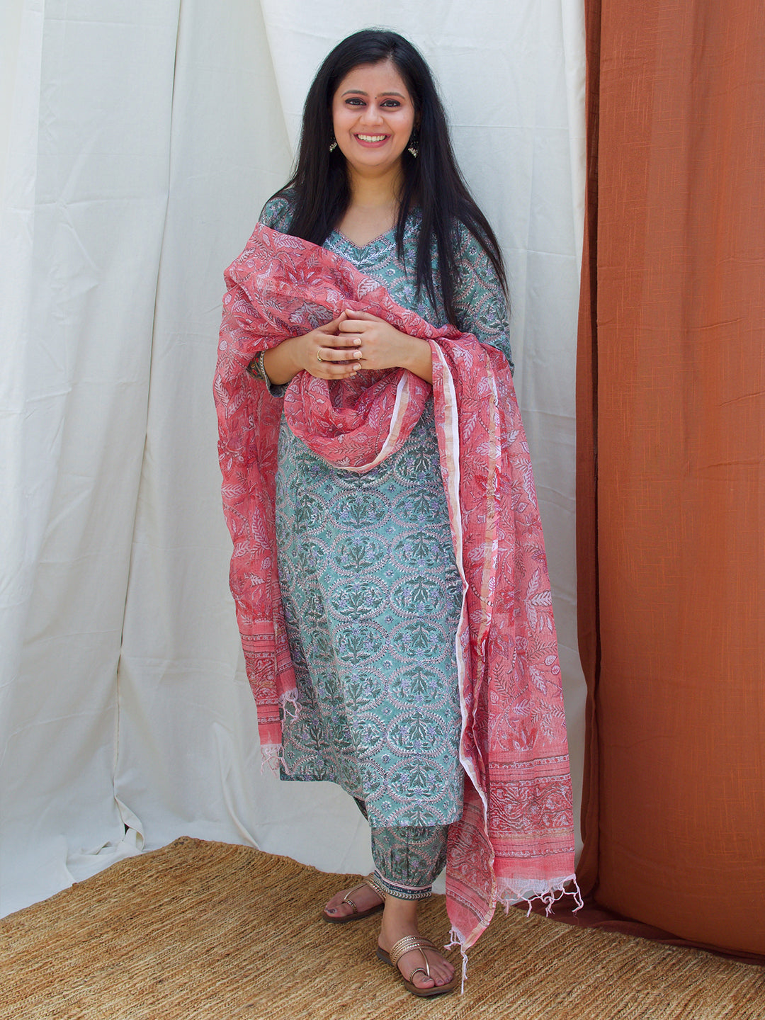 Pink Floral Kota Doria Dupatta Women