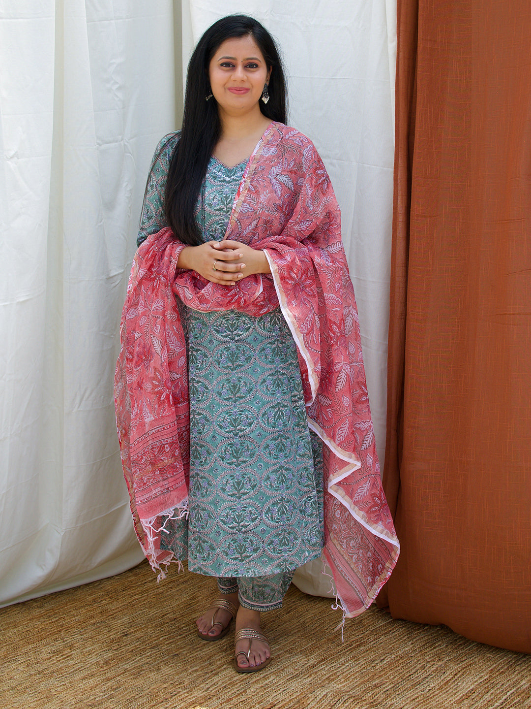 Pink Floral Kota Doria Dupatta Women