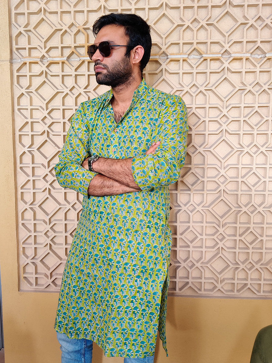 Green Floral Bagru Print Kurta