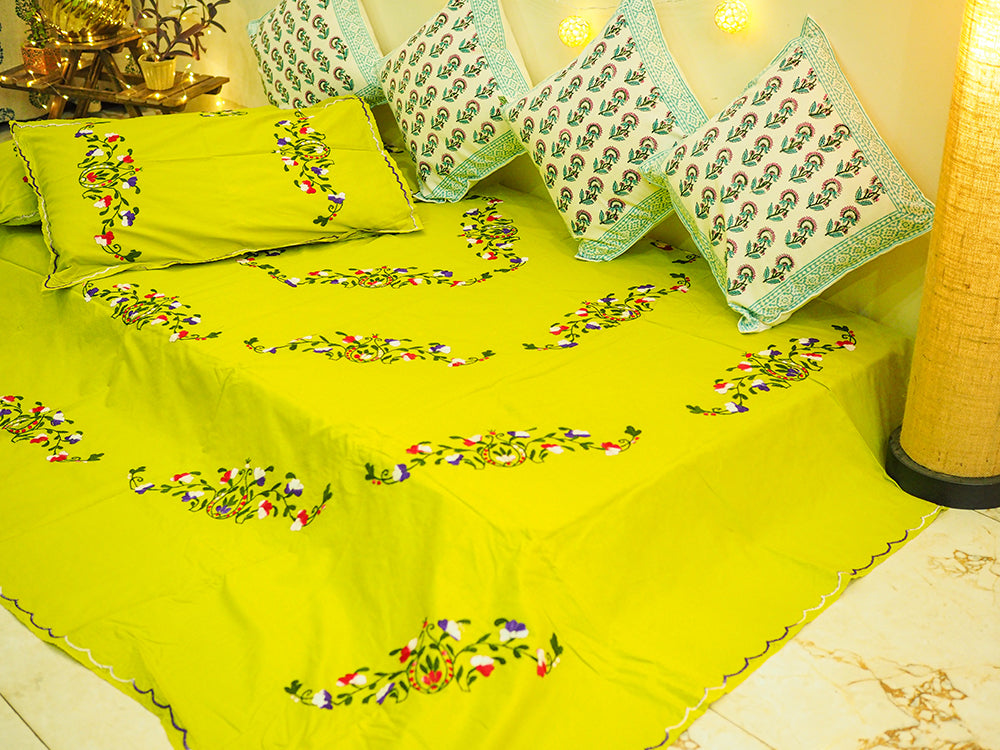 Green Hand Embroidery Bedsheet