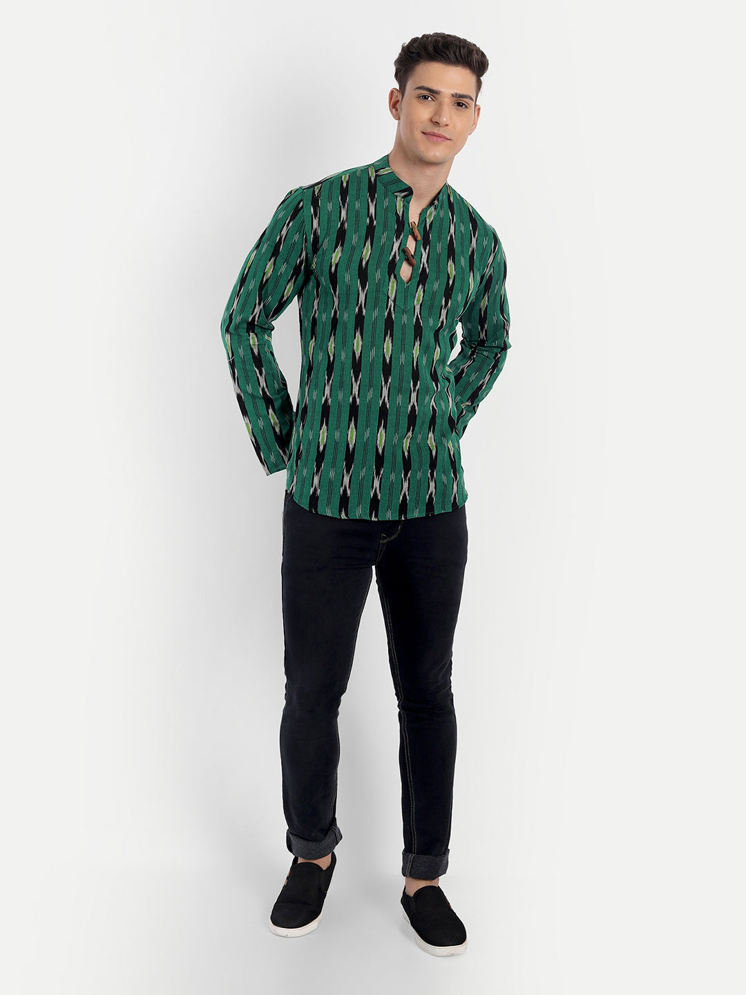 Black Stripes Ikkat Print Green Cotton Short Kurta