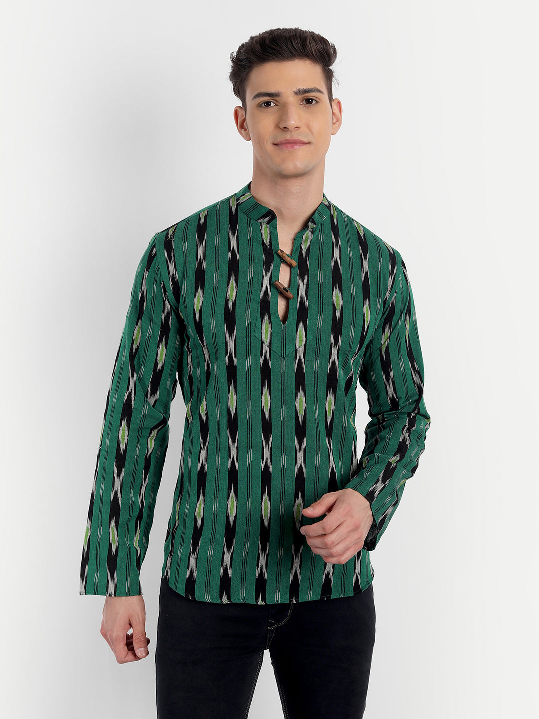 Black Stripes Ikkat Print Green Cotton Short Kurta