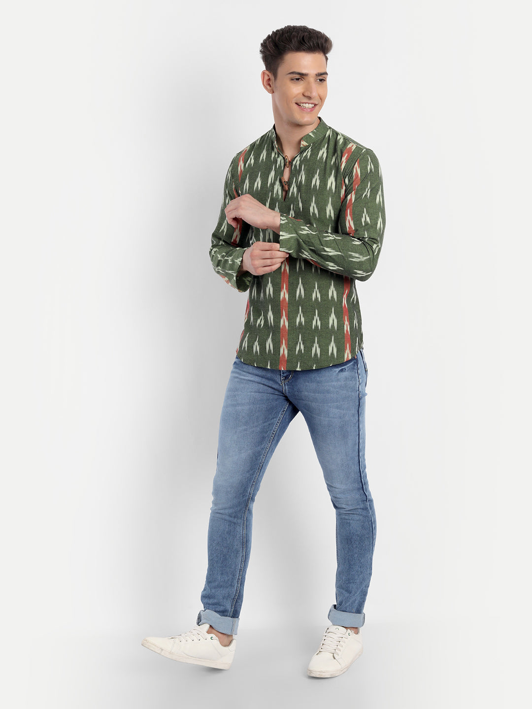 Green and Rust Ikkat Cotton Short Kurta