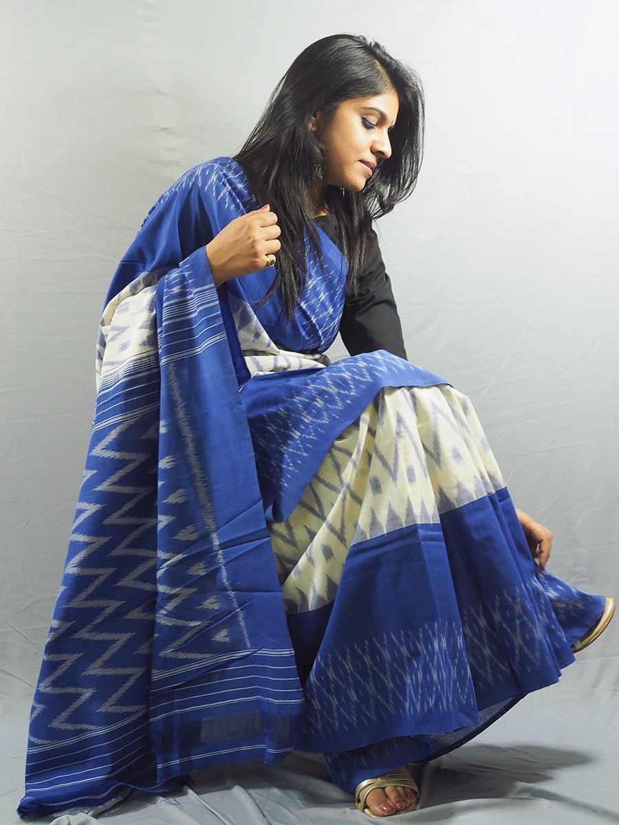 Nizami Blue and White Ikkat Saree