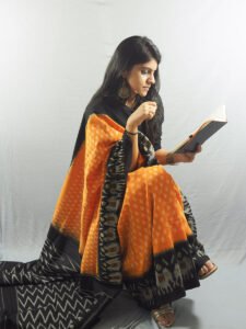 Nizami Orange Mustard and Black Ikkat Saree