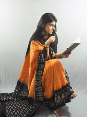 Nizami Orange Mustard and Black Ikkat Saree